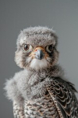 Obraz premium A baby bird with a fluffy coat and a curious look on its face. The bird is looking directly at the camera, as if it is trying to communicate with the viewer