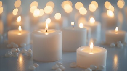 Peaceful and elegant setting with ornate white candles.