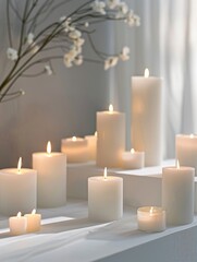 Elegant white candles in intricate holders for a peaceful setting.