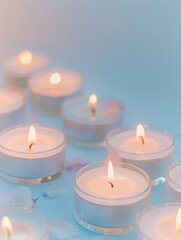 Elegant white candle arrangement with intricate holders and warm light.