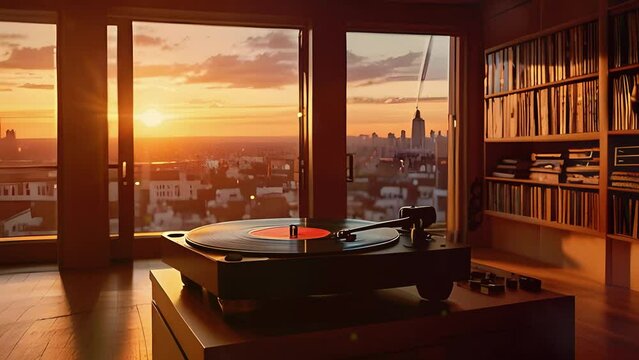 A room vinyl records and a turntable. sunset, stream starting soon screen, overlay loop, animated virtual backgrounds, vtuber asset twitch zoom OBS, manga anime chill hip hop 4k music Animation video