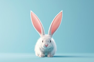 Fototapeta premium A rabbit with pink ears is sitting on a blue background. The rabbit is cute and fluffy, and it looks like it's looking at the camera. The blue background gives the image a calm and peaceful mood