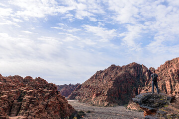 Rear view of a male hiker wearing a backpack, taking in the view stunning red rock desert canyon view from a cliff top - Snow Canyon State Park, St George, Utah, USA