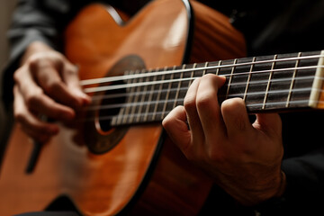 Obraz premium Intimate Moment of a Musician Mastering Guitar Chords