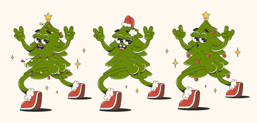 Christmas tree in trendy groovy style. Set of retro cartoon characters. Merry Christmas and Happy New Year vector Illustrations.