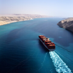 Aerial view of  container ship traversing the scenic waters of the red sea