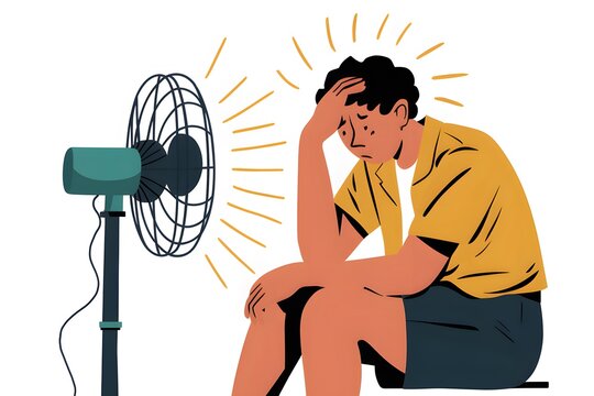 Person sitting in front of fan, hand on forehead, overheated, wearing yellow shirt and shorts