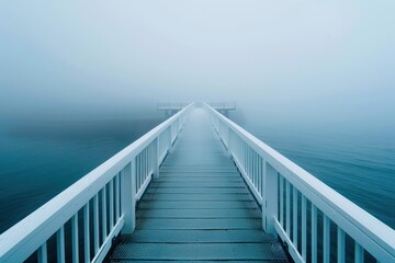Fototapeta premium Foggy Pier into the Unknown - A serene pier stretches into the misty distance over calm waters, creating a sense of mystery and tranquility.