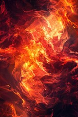 A fiery red background with flames and smoke. The image is abstract and has a sense of chaos and destruction