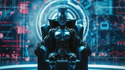 AI rules world. Robot female queen sits on throne. Beautiful cyborg woman with AI in armchair on podium in cyberspace. Artificial intelligence captured world. Neural network in image of girl cyborg
