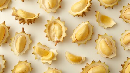 Durian meat pieces carefully arranged on a white studio background