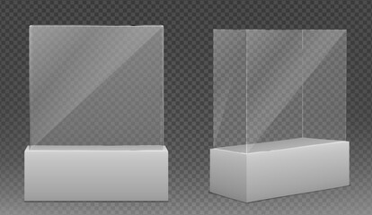 Vector realistic glass square showcase. Empty glass box on a white podium isolated on transparent background