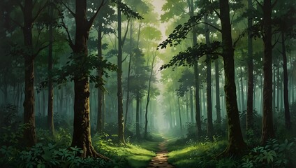 Obraz premium : A serene landscape painting using varying shades of green, evoking the tranquility of a lush forest ai_generated