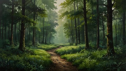 Fototapeta premium : A serene landscape painting using varying shades of green, evoking the tranquility of a lush forest ai_generated