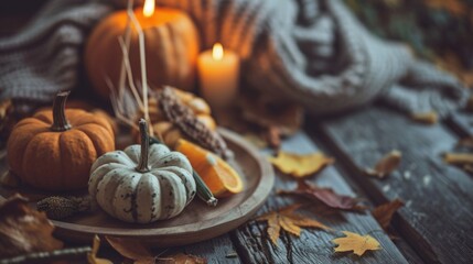 A table with a plate of food and a pumpkin on it. The table is covered in autumn leaves and the pumpkin is surrounded by candles