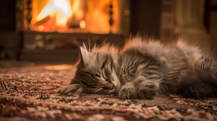 Photo of a fluffy kitten sleeping on a rug by the fireplace on a winter evening. ::3 --no text, titles, --ar 16:9 --quality 0.5 --stylize 0 Job ID: c21fa7bb-7fb0-49a3-bc98-62c9ff8aa7b3