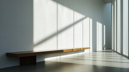 A bench is in a room with a lot of windows. The room is very empty and the bench is the only piece of furniture
