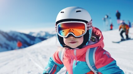 A young girl wearing a pink and blue jacket and goggles is standing on a snow-covered slope