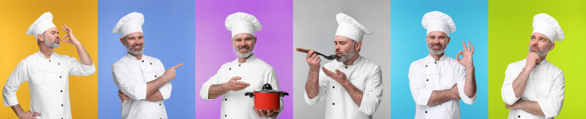 Collage with photos of professional chef on different color backgrounds