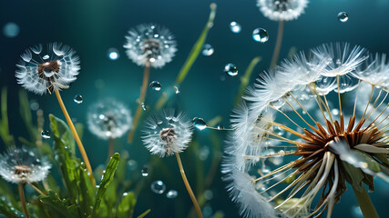 Dandelion Seeds in droplets of water on blue and turquoise beautiful background with soft focus in nature macro. Drops of dew sparkle on dandelion in rays of light Generative AI