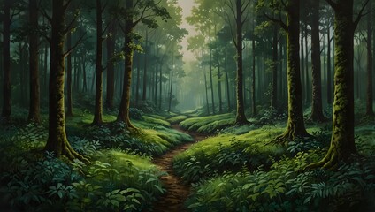 Naklejka premium : A serene landscape painting using varying shades of green, evoking the tranquility of a lush forest ai_generated