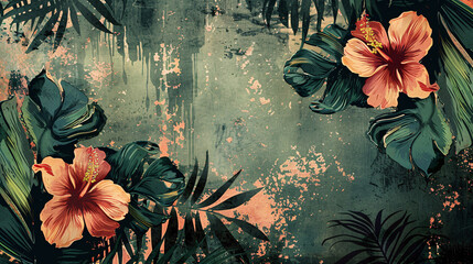 Traditional floral and leaf pattern with tropical elements and grunge texture