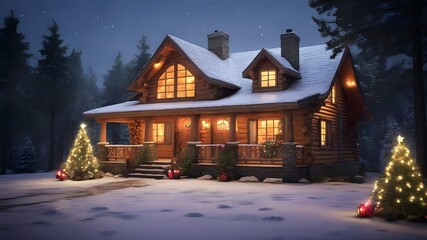 Wooden house in a snowy landscape and adorned with Christmas lights.