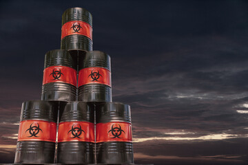 Stack of drums with poison symbol. Toxic waste concept.