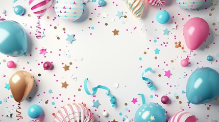 Decorative party frame with balloons and scattered confetti