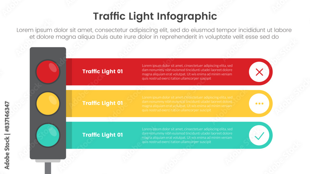 Poster traffic light infographic template banner with round rectangle box stack blending with 3 point list 
