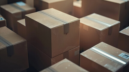 A stack of cardboard boxes with tape on the top. The boxes are brown and are piled on top of each other