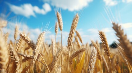Fototapeta premium A field of golden wheat with a clear blue sky in the background