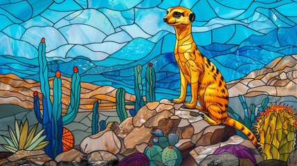 Naklejka premium A colorful stained glass window with a giraffe sitting on a rock in front of a d