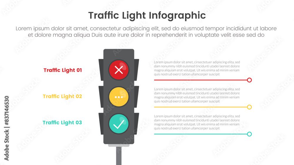 Poster traffic light infographic template banner with standing lights with line bottom description with 3 p