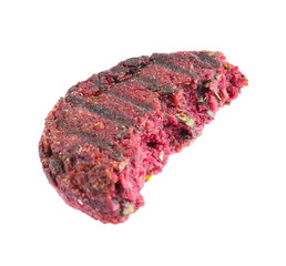 Half of tasty beetroot cutlet isolated on white. Vegetarian product