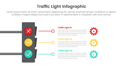traffic light infographic template banner with big lights and circle line base stack data with 3 point list information for slide presentation