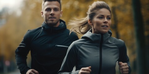 A man and a woman are running together in a park. The man is wearing a black hoodie and the woman is wearing a grey jacket. Scene is energetic and active - Powered by Adobe