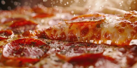 A slice of pepperoni pizza with cheese and herbs. The pizza is cut in half and the cheese is melted