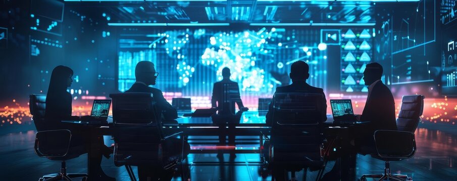 Silhouettes of people working in a high-tech environment.