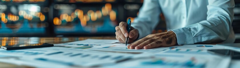 Naklejka premium Closeup on hands of a financial expert dissecting market trends, elegant desk setting, with ambient lighting enhancing the mood of concentration
