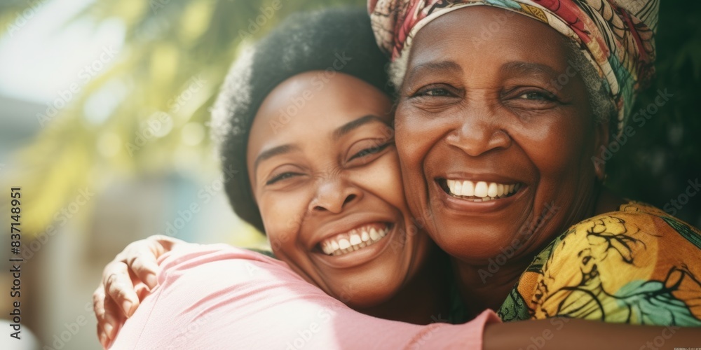 Wall mural a young woman is hugging an older woman with a colorful scarf around her head. the two women are smi