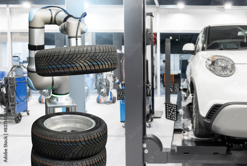 Poster robot arm works in a car service