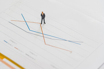 Miniature businessman thinking with the project for presenting investment concept on line graph. Business miniature people on business graph