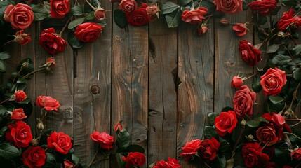 Elegant floral frame with red and pink roses on rustic wooden planks, ideal for decoration. - Powered by Adobe