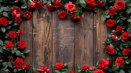 Red and pink roses frame a rustic wooden background, perfect for a romantic setting.