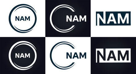 NAM logo. N A M design. White NAM letter. NAM, N A M letter logo design. N A M letter logo design in FIVE, FOUR, THREE, style. letter logo set in one artboard. N A M letter logo vector design.	
