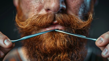Naklejka premium Hair stylist shaping a client's mustache and beard with scissors