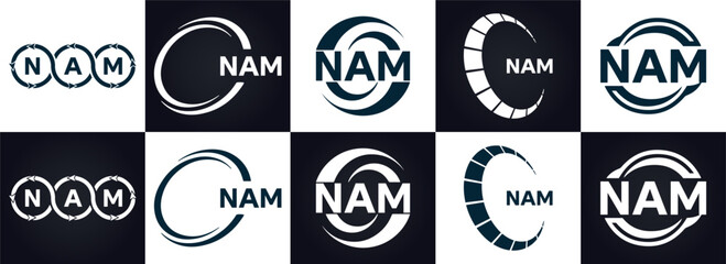 NAM logo. N A M design. White NAM letter. NAM, N A M letter logo design. N A M letter logo design in FIVE, FOUR, THREE, style. letter logo set in one artboard. N A M letter logo vector design.	
