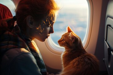 red kitten sitting in passenger seat of airplane near window next to european redhead adult girl, both looking at window, safe travelling with owner