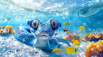 A cheerful blue snake, adorable in its demeanor, dives beneath the ocean's surface, swimming alongside colorful fish and use snorkel and swimming mask as it explores the vibrant underwater world